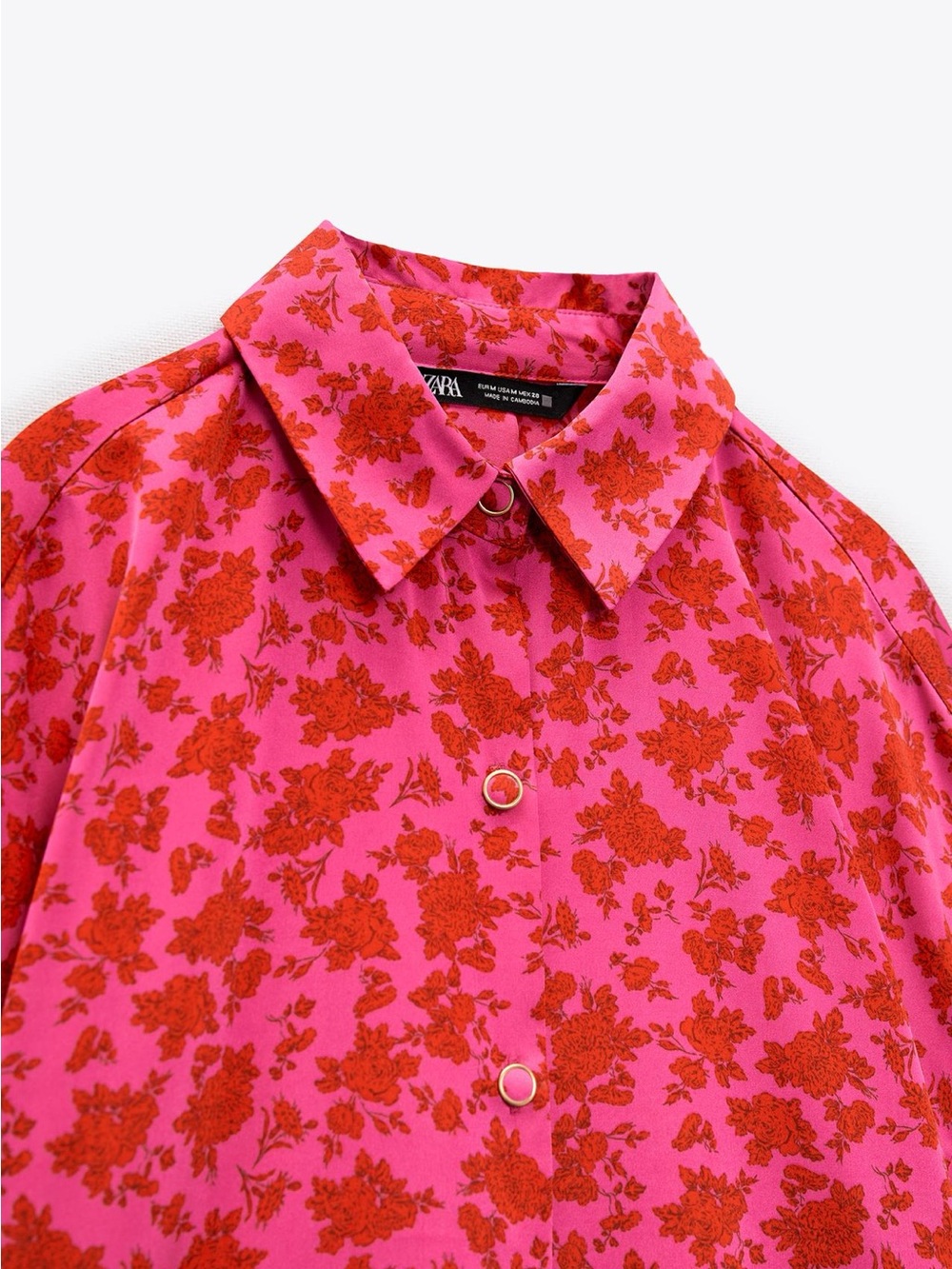 Zara Satin Effect Printed Shirt in Pink & Red Orange Floral Pattern